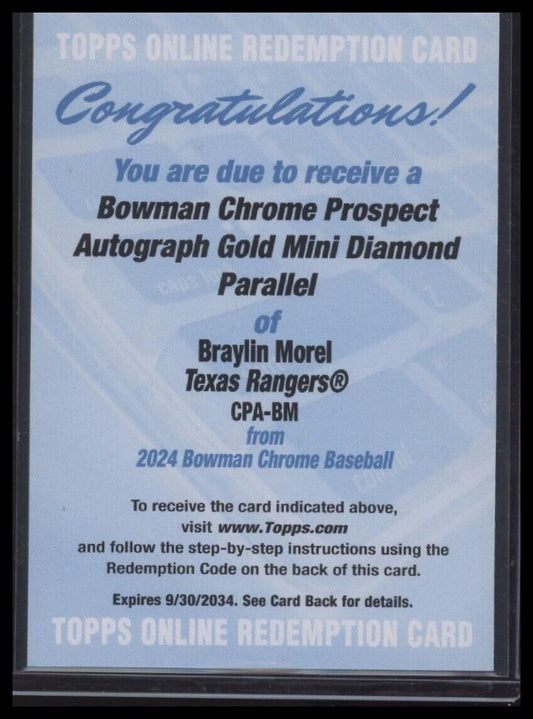 2024 Bowman Chrome Braylin Morel Gold Mini Diamond Refractor Auto /50 Rangers - Sport Cards