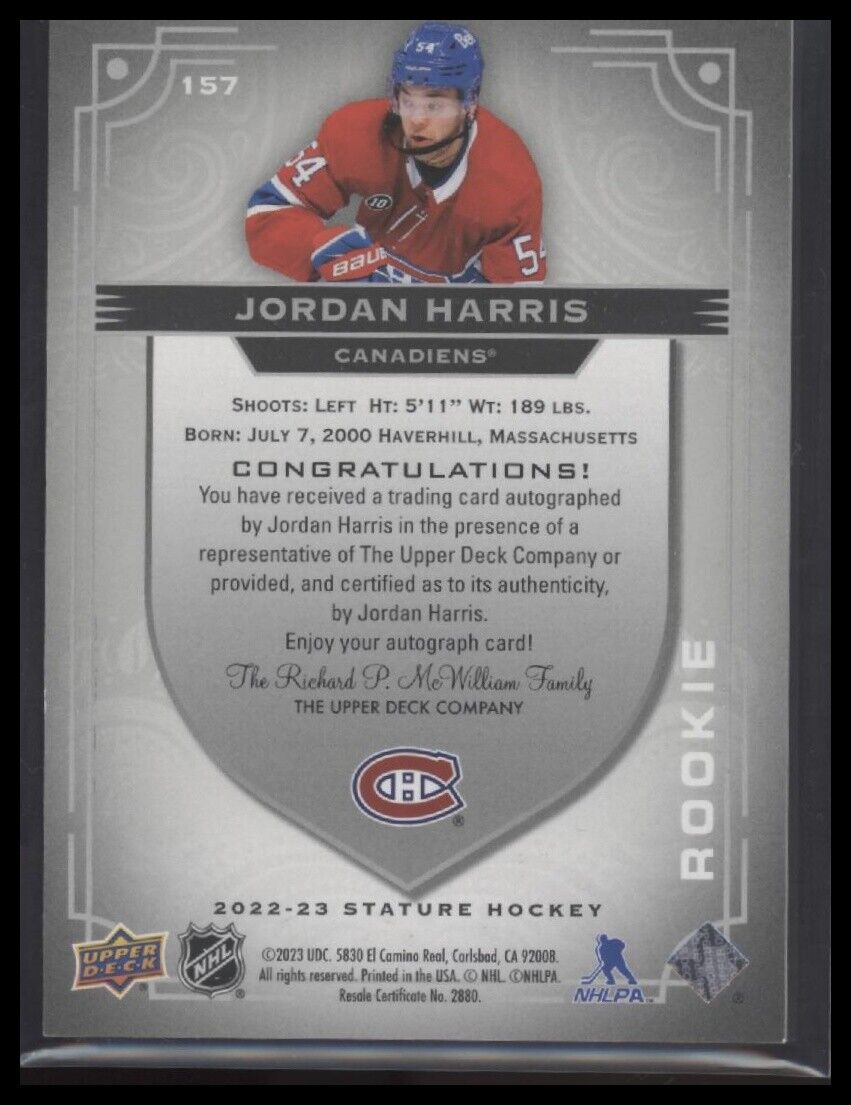 2022-23 Upper Deck Stature #157 Jordan Harris Autographs #/199 - Sport Cards