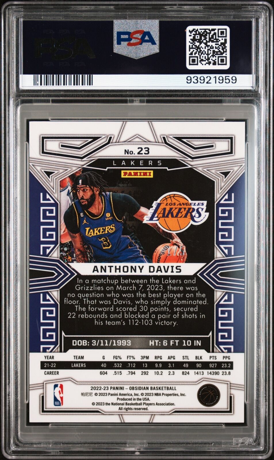 2022 Panini Obsidian #23 Anthony Davis Electric Etch Red PSA 9 #1/5 - Sport Cards