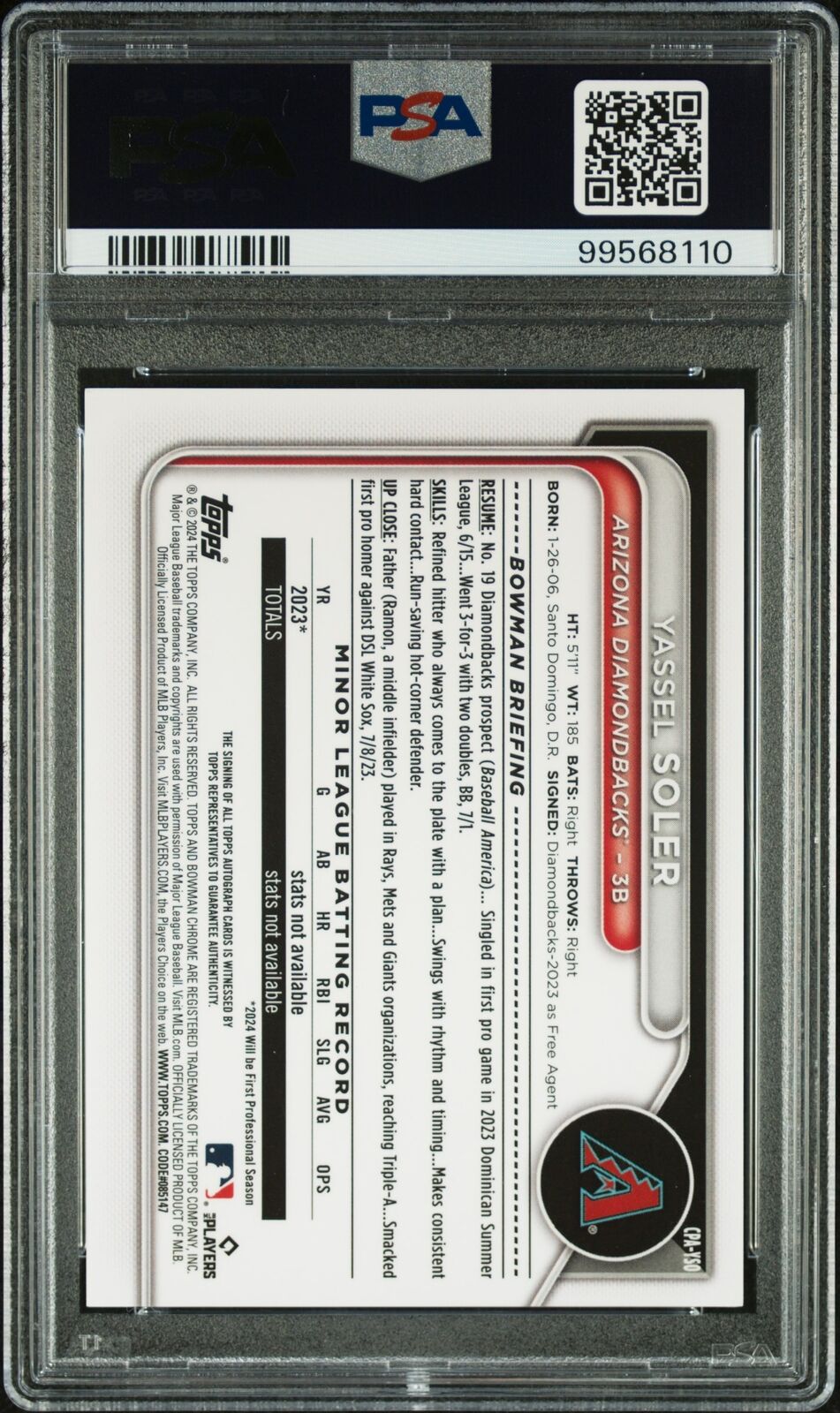 2024 Bowman Chrome Prospect Auto Yassel Soler Pros Au-Reptilian Red Ref PSA 7