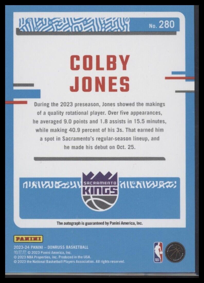 2023-24 Donruss #280 Colby Jones Rated Rookies Signatures Choice Blue #/49