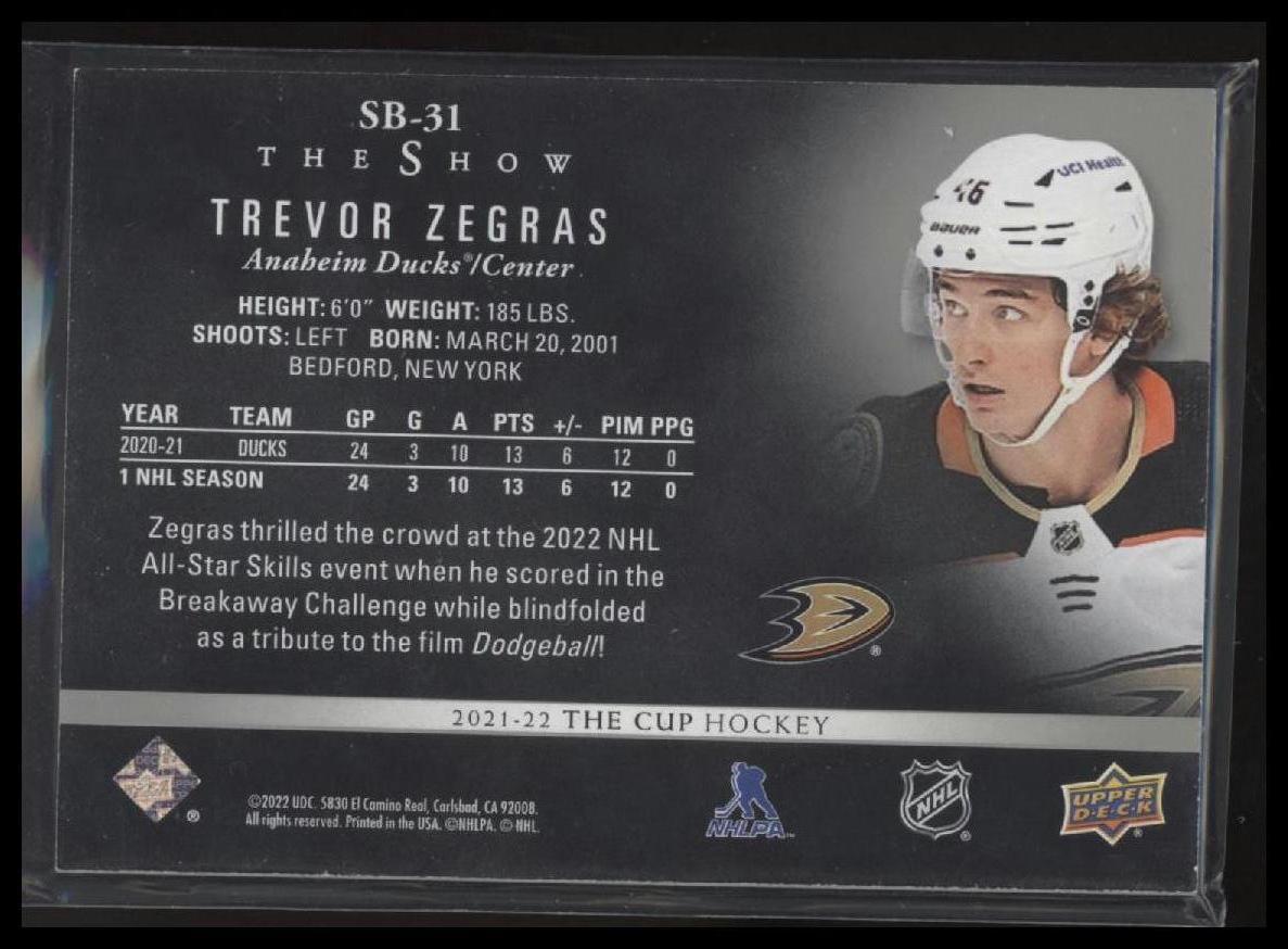 2021-22 Upper Deck The Cup #SB-31 Trevor Zegras The Show Black #/99 - Sport Cards