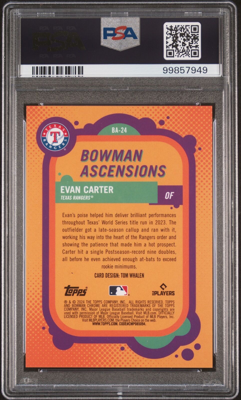 2024 Bowman Chrome Evan Carter /5 Bowman Ascensions-Red Ref PSA 9 - Sport Cards