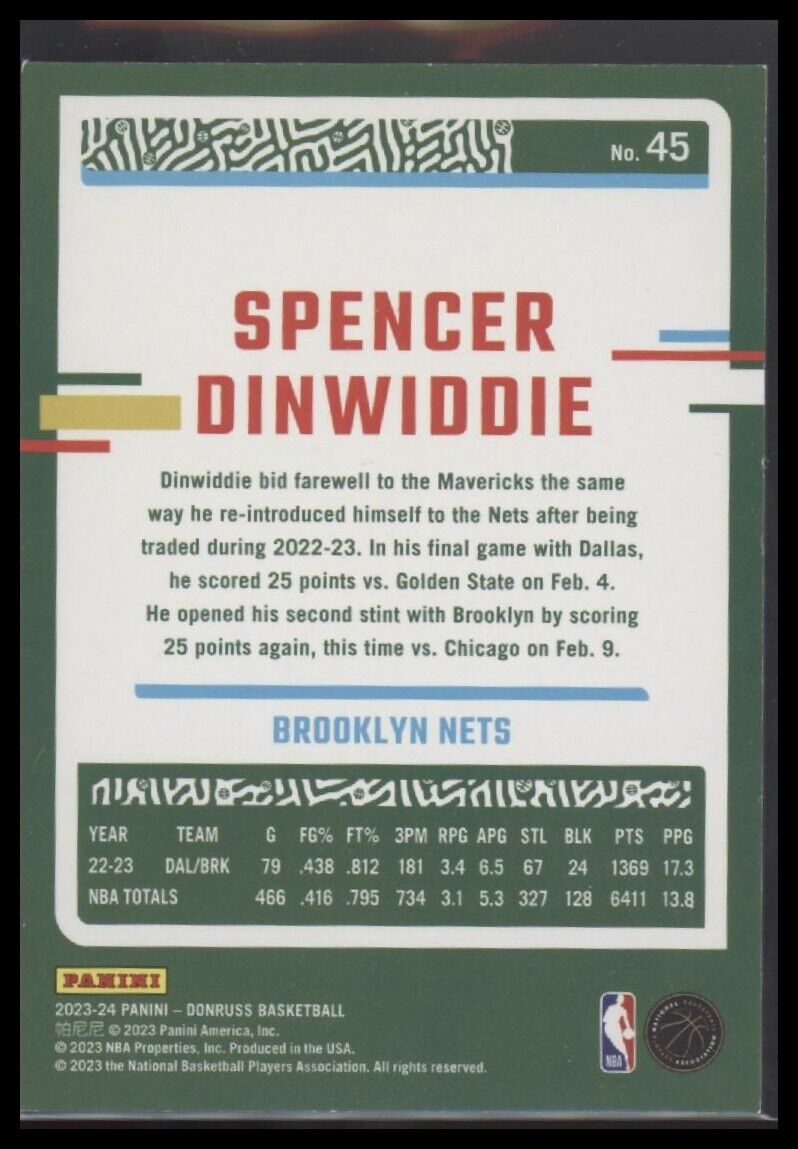 2023-24 Donruss #45 Spencer Dinwiddie Choice Gold #/10