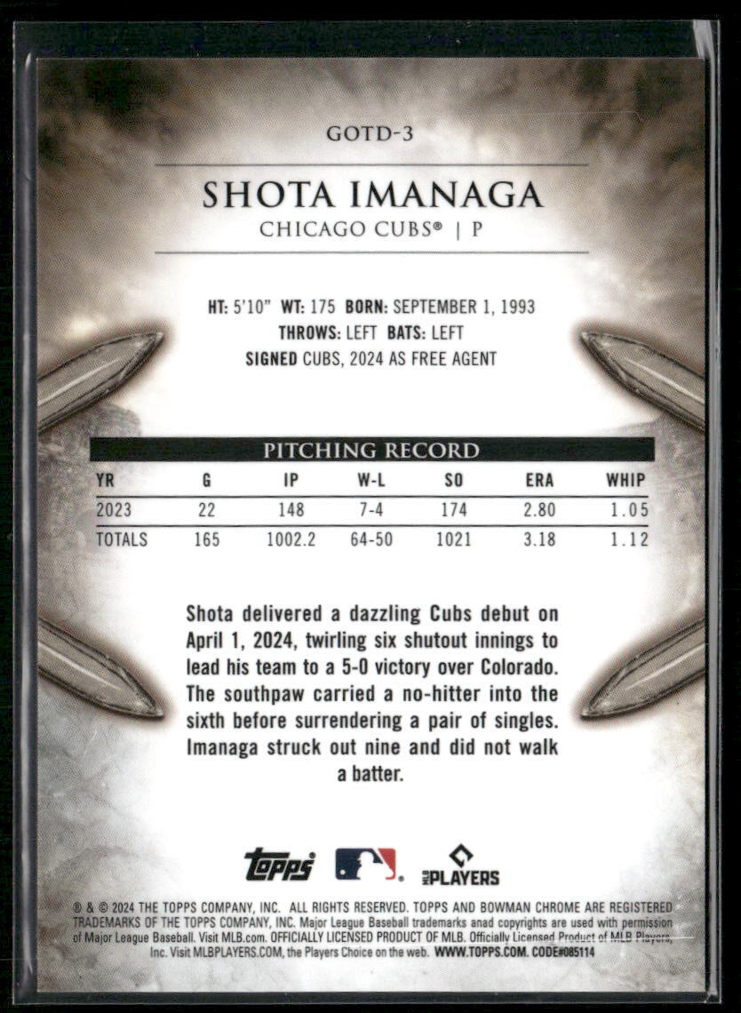 2024 Bowman Chrome Shota Imanaga Gladiators of the Diamond Gold Refractors #/50