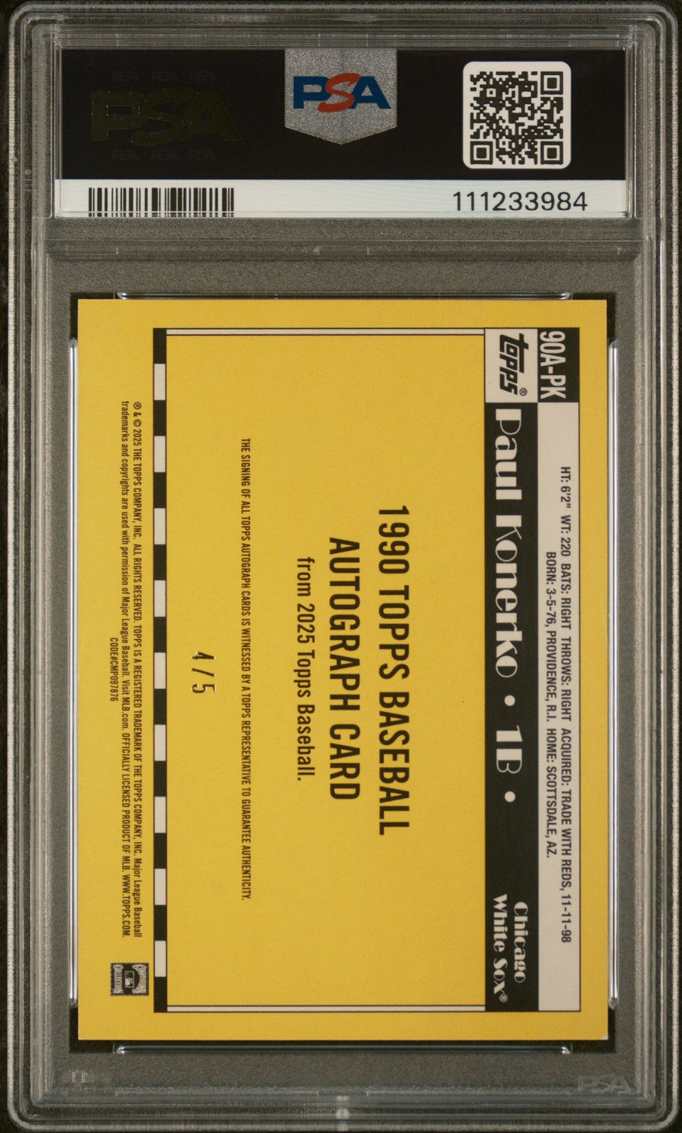 Paul Konerko 2025 Topps 1990 Autographs PSA 8 - Red /5 - Sport Cards