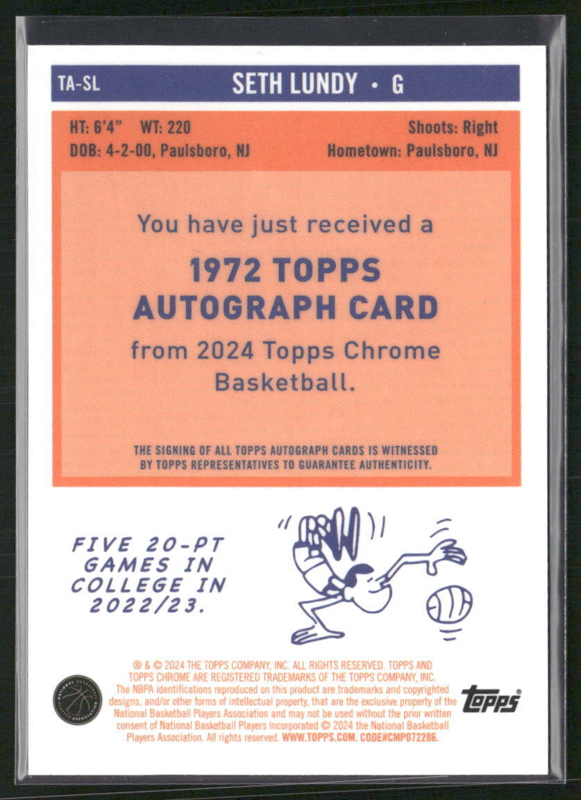 2023-24 Topps Chrome #TA-SL Seth Lundy 1972 Topps Autograph Refractors Gold #/50
