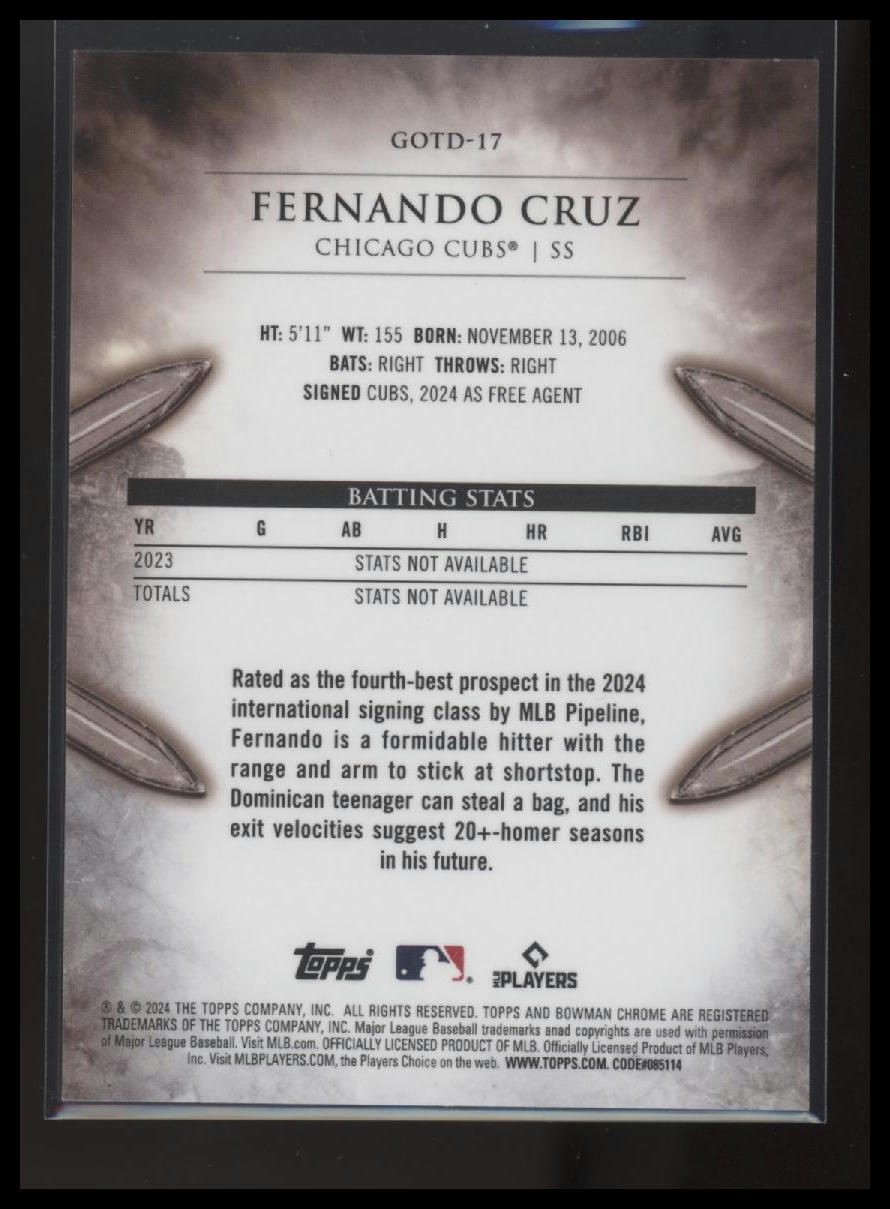 2024 Bowman Chrome Fernando Cruz Gladiators of the Diamond Gold Refractors #/150