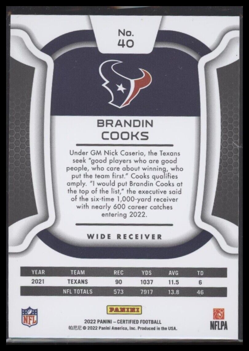 2022 Panini Certified #40 Brandin Cooks Mirror Green #/5 - Sport Cards
