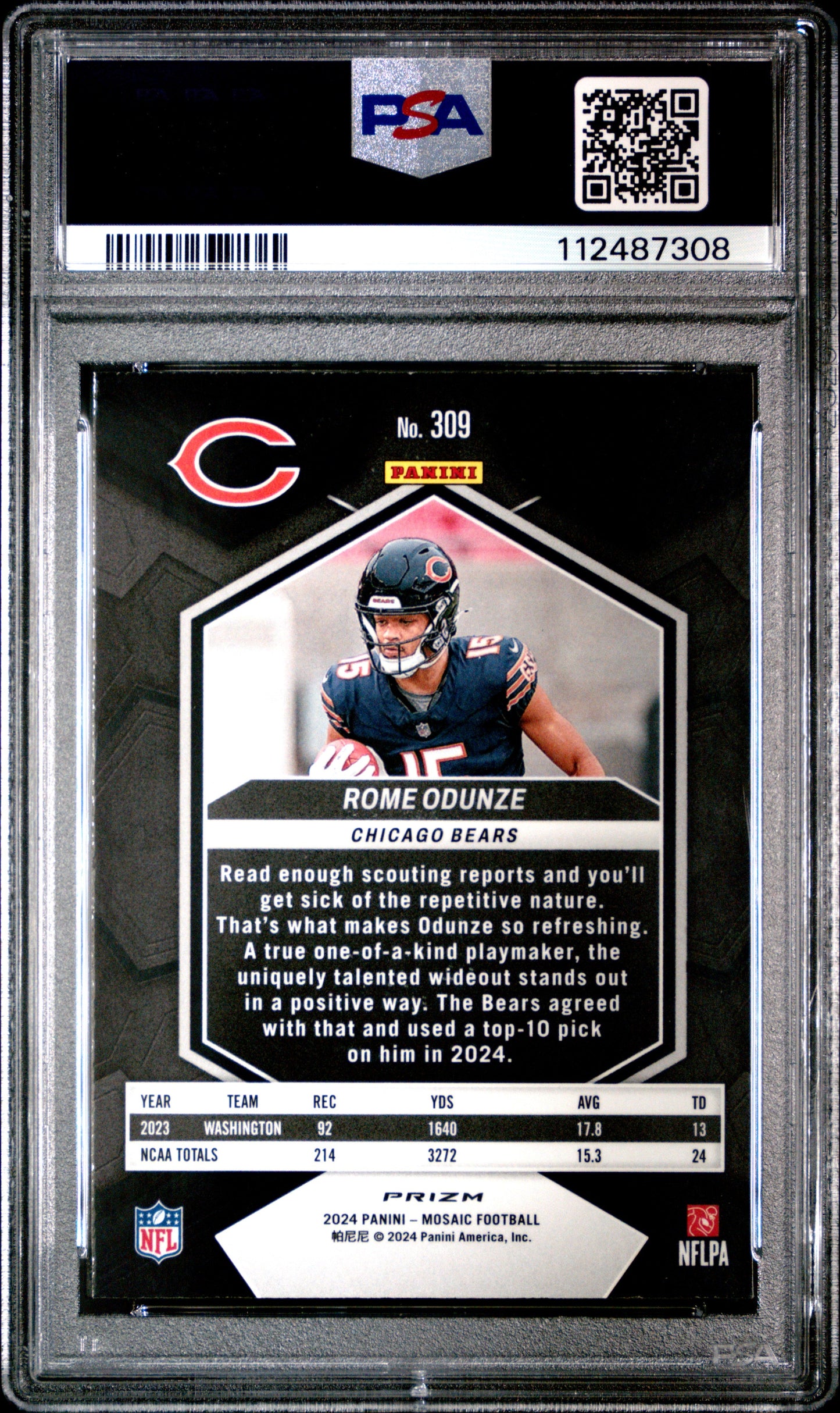 Graded 2024 Panini Mosaic Rome Odunze #309 Green Rookie RC Football Card PSA 10 Gem Mint