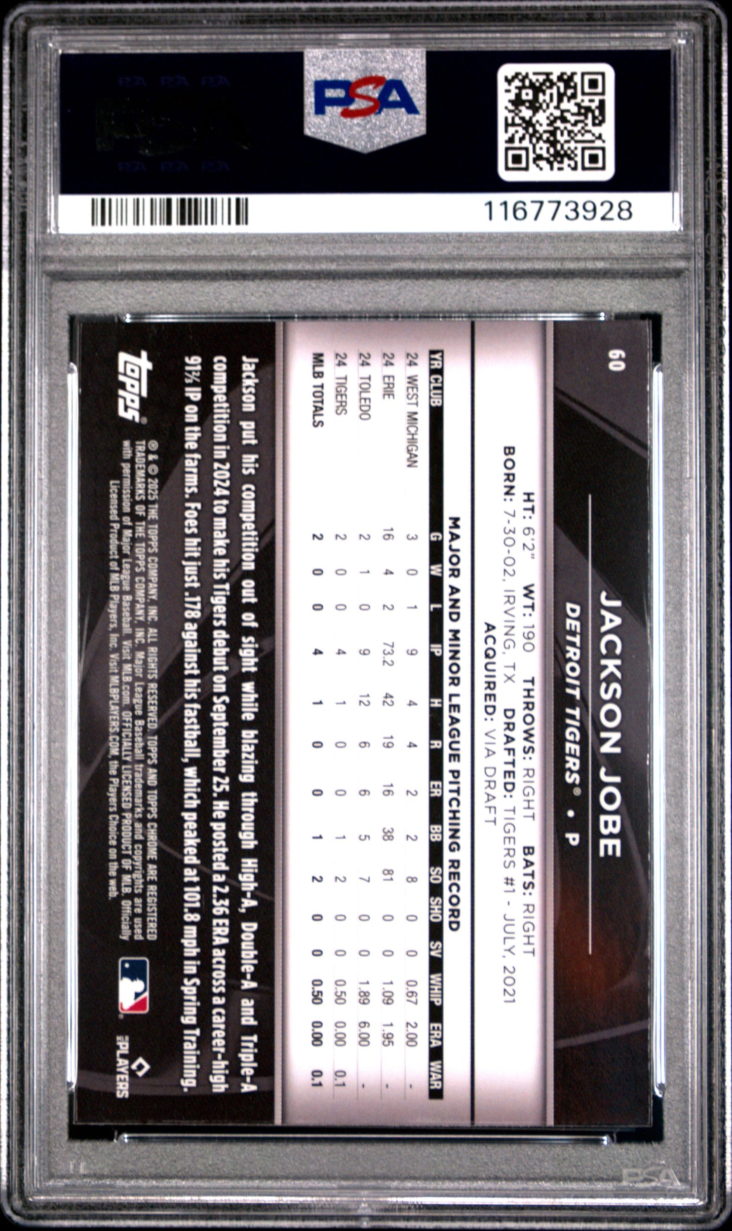 Graded 2025 Topps Chrome Black Jackson Jobe #60 Rookie RC Baseball Card PSA 10 Gem Mint