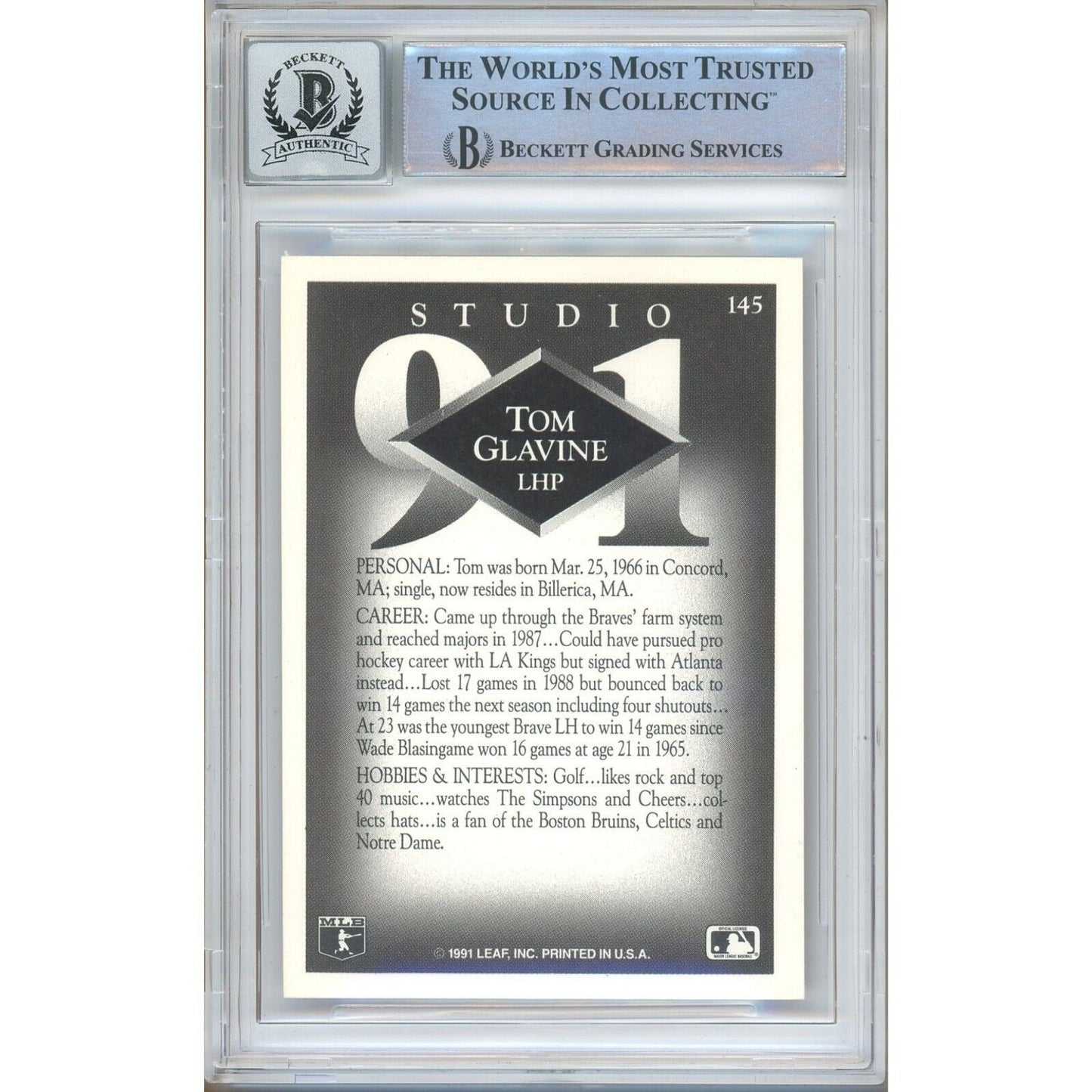 Tom Glavine Atlanta Braves Signed 1991 Studio Baseball Card BGS Auto 10 Graded Slab HOF