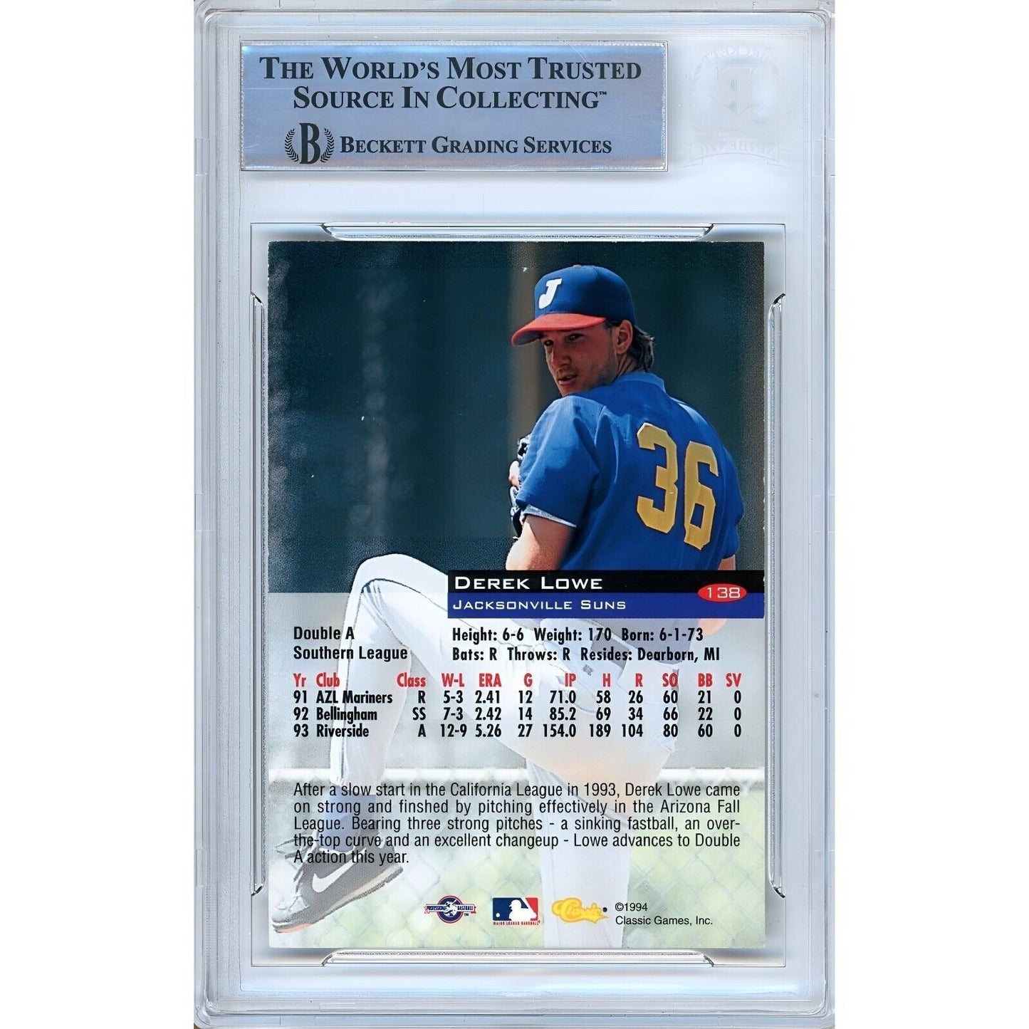 1994 Classic #139 — Derek Lowe Autographed Trading Card — Beckett Authentication