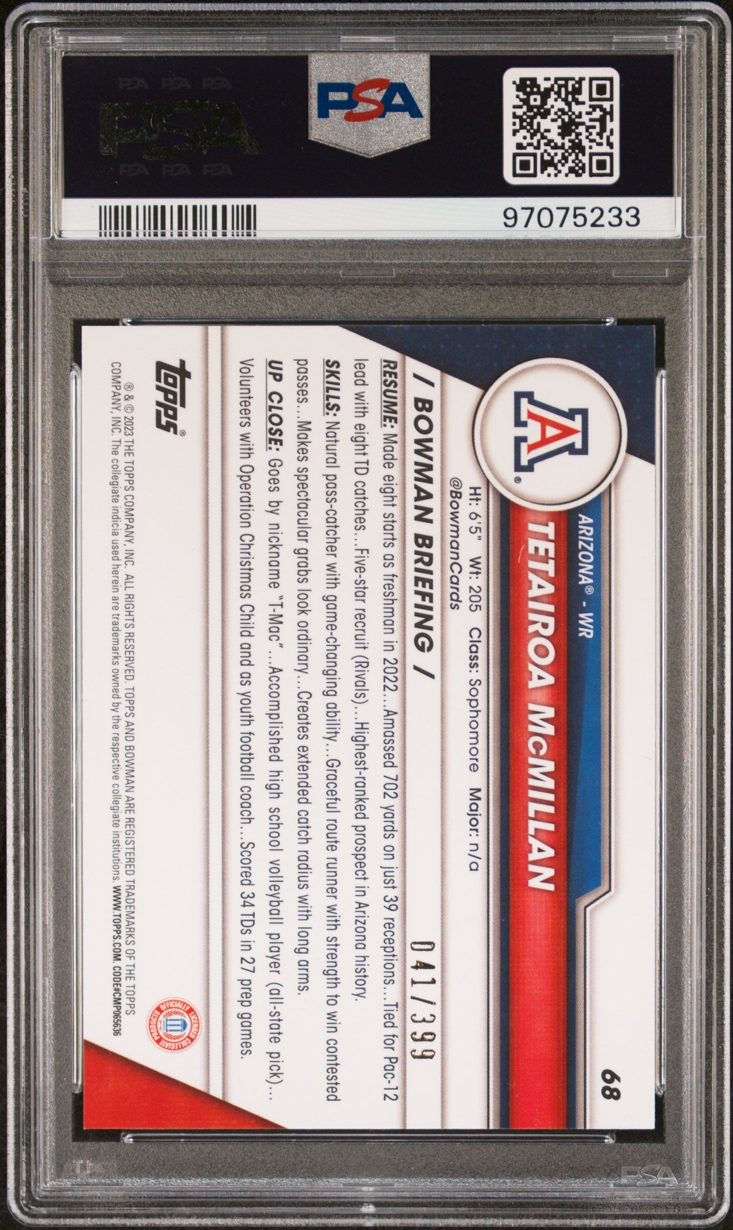 Graded 2023 Topps Bowman U Chrome Tetairoa McMillan #68 Purple Mini Diamond Refractor #/399 Rookie RC Football Card PSA 10 Gem Mint