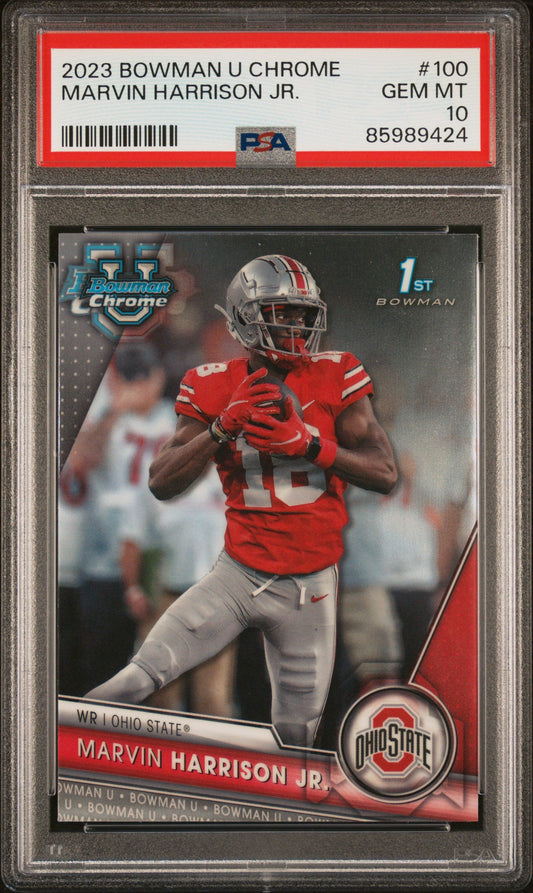 Graded 2023 Topps Bowman U Chrome Marvin Harrison Jr #100 Rookie RC Football Card PSA 10 Gem Mint - Sport Cards