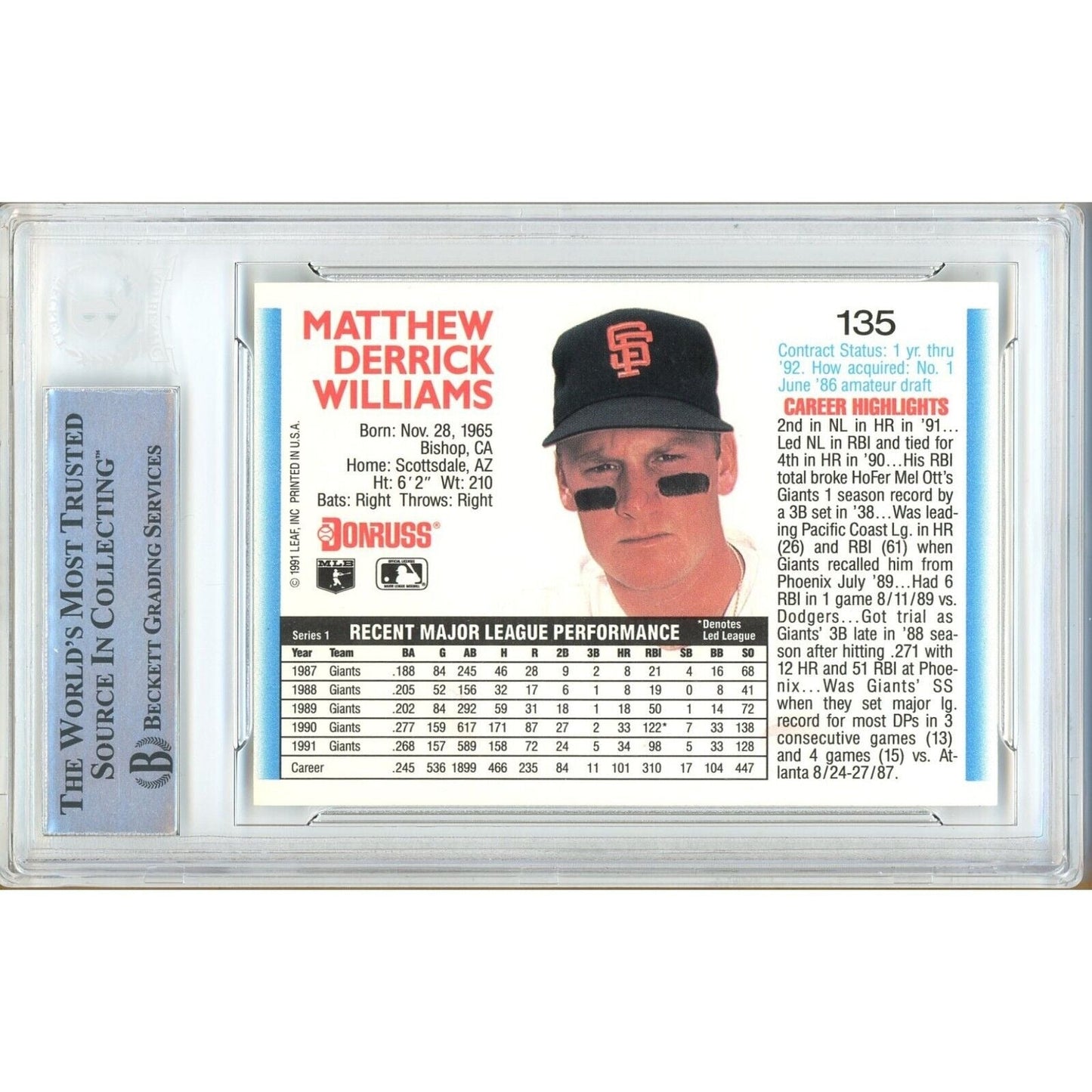 Matt Williams San Francisco Giants Signed 1992 Donruss Baseball Card BAS Auth Auto Slab