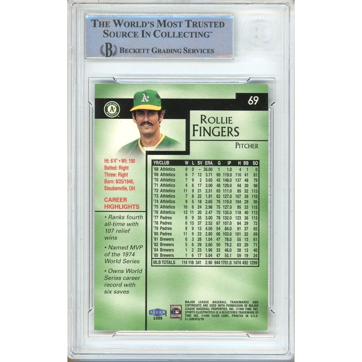 Rollie Fingers Signed Oakland Athletics 1999 Fleer Sports Illustrated Card Beckett Auth Slab