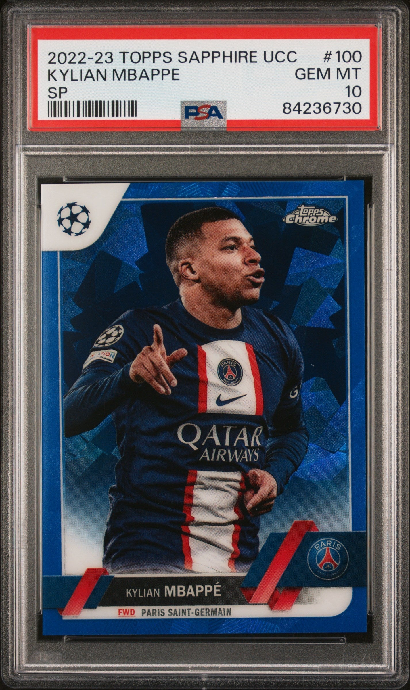 Graded 2022 Topps Chrome Sapphire UCC Kylian Mbappe #100 SP Soccer Card PSA 10 Gem Mint - Sport Cards