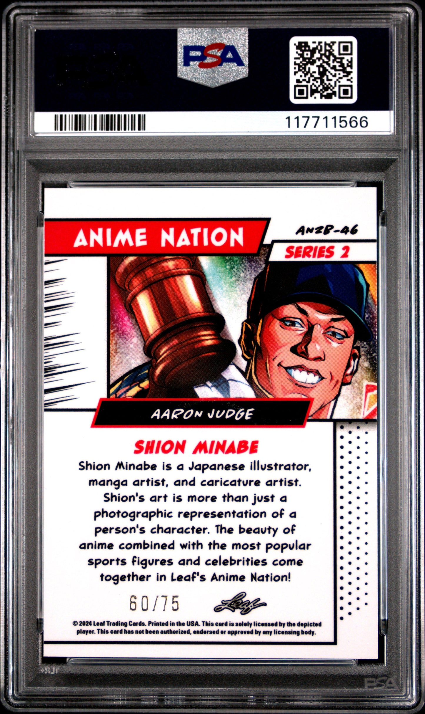 Graded 2024 Leaf Aaron Judge #AN2B46 Anime Nation Series 2 Blue /75 Baseball Card PSA 7 Near Mint