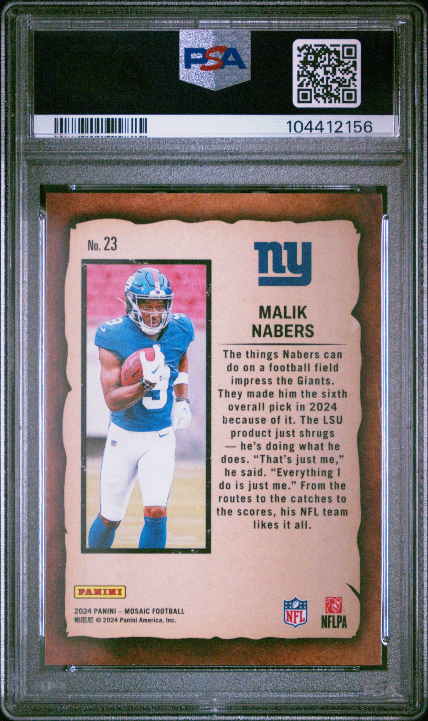 Graded 2024 Panini Mosaic Malik Nabers #23 Notoriety Rookie RC Football Card PSA 10 Gem Mint