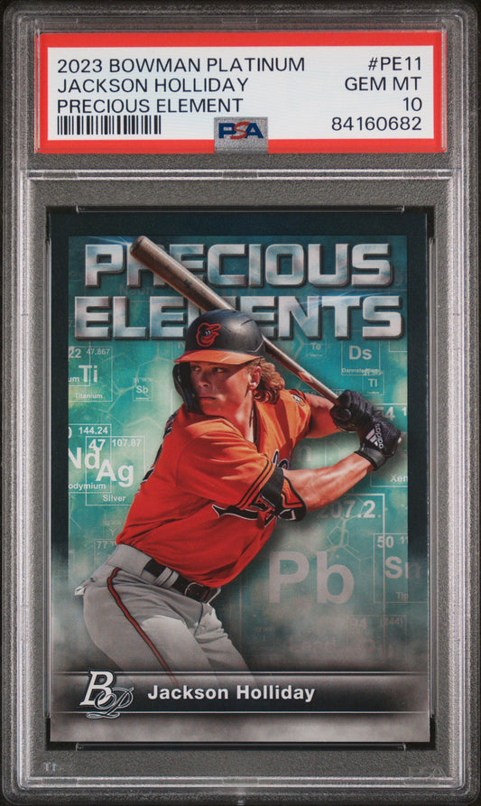 Graded 2023 Topps Bowman Platinum Jackson Holliday #PE11 Precious Element Rookie RC Baseball Card PSA 10 Gem Mint