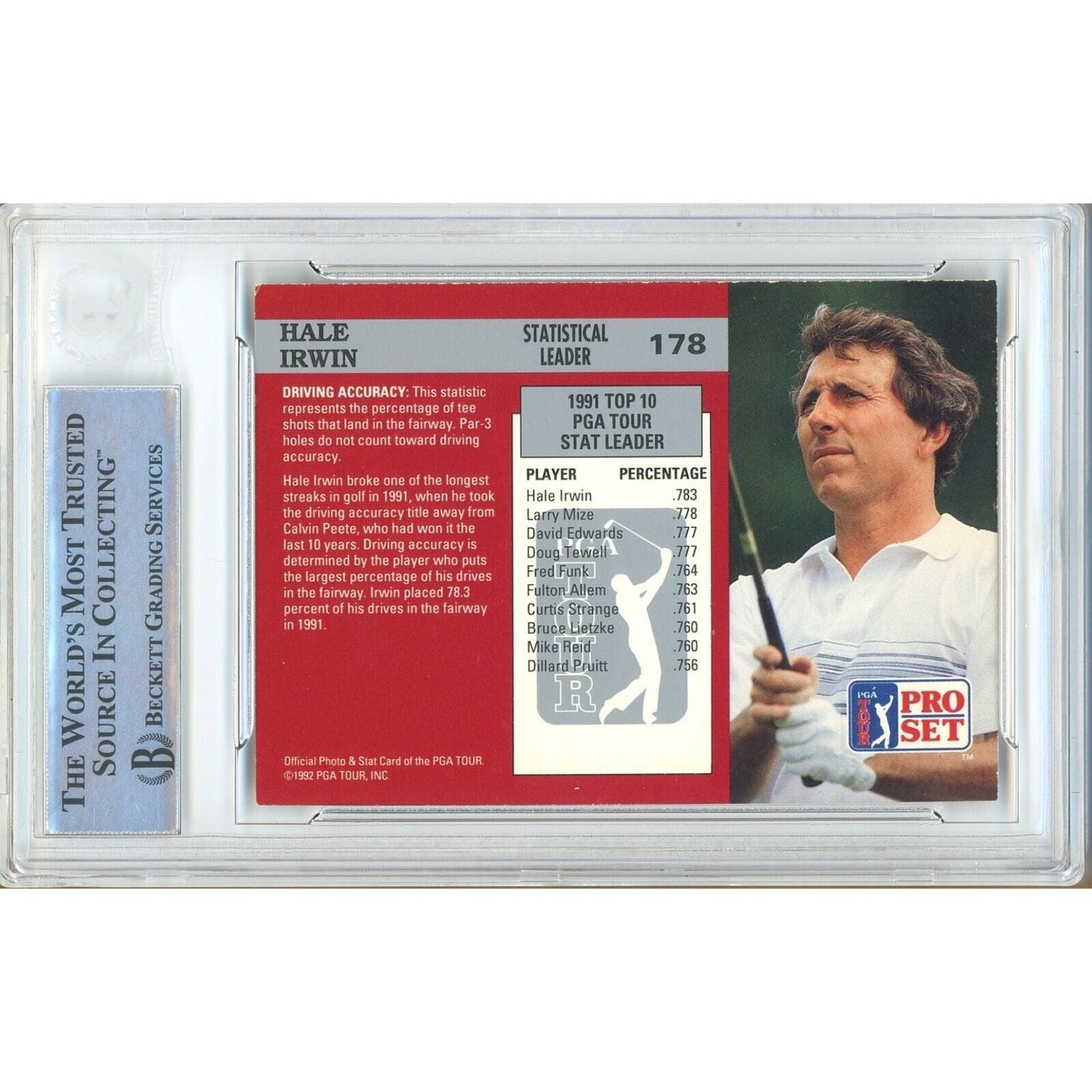 1992 PGA Pro Set Stat Leaders #178— Hale Irwin Autographed Trading Card — Beckett Authentication