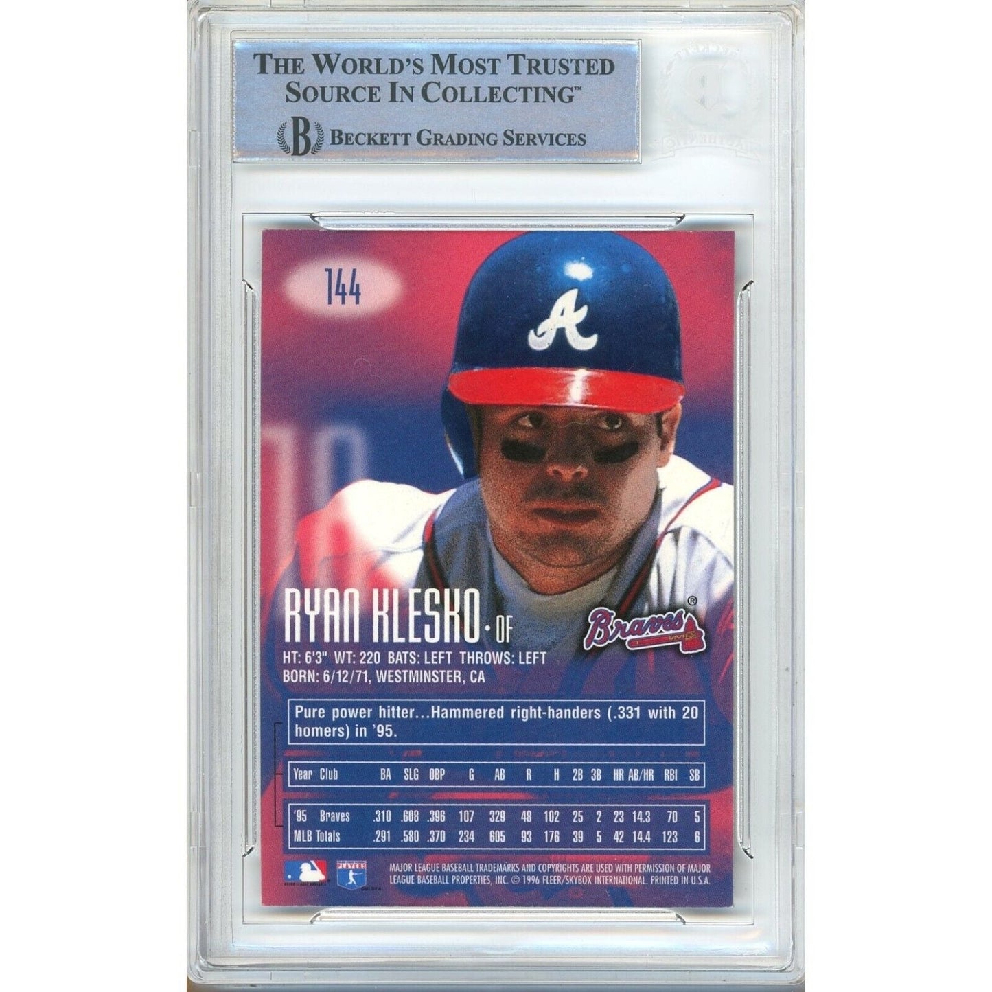 Ryan Klesko Atlanta Braves Signed 1996 Skybox Emotion-XL Card Beckett Auth Auto Slab