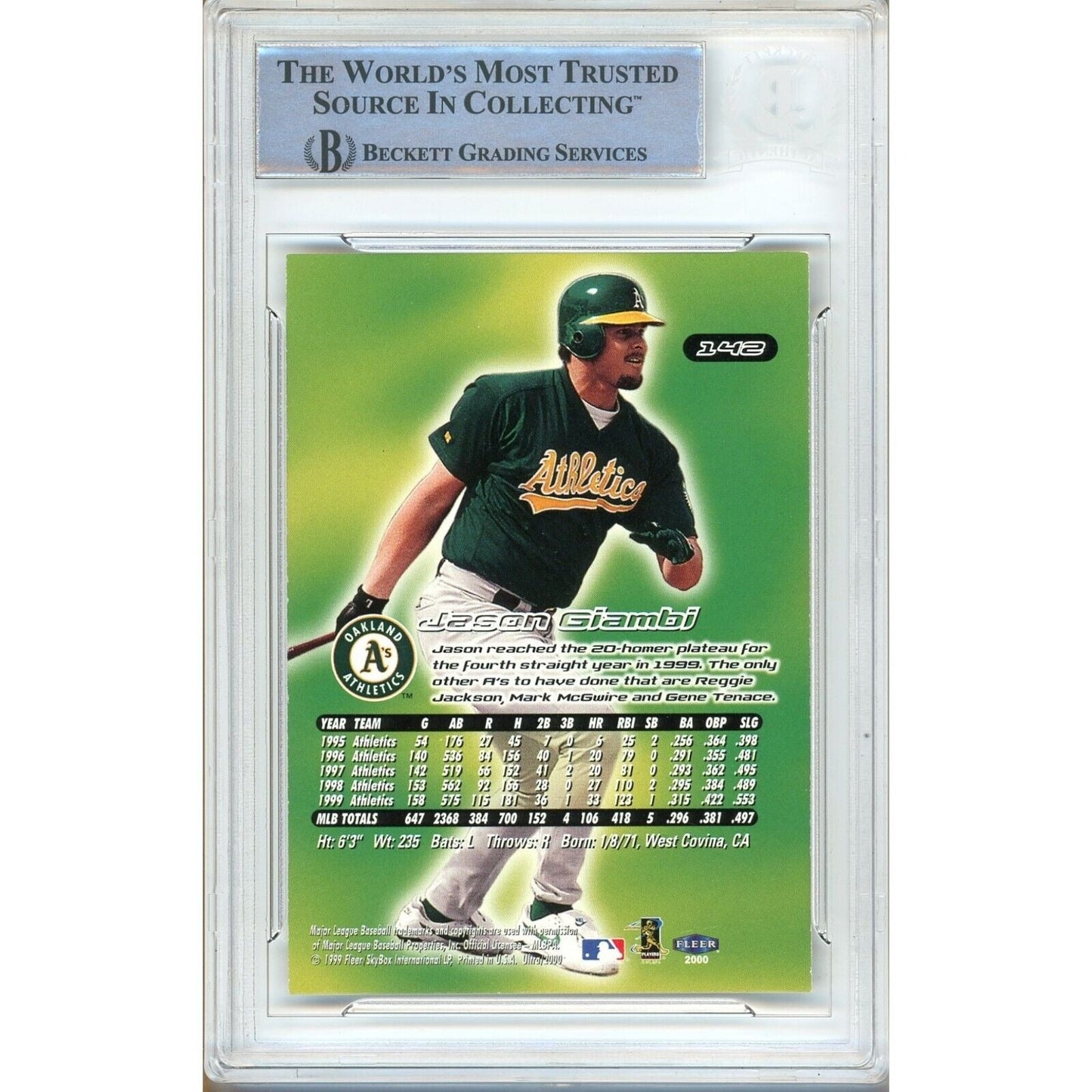 2000 Fleer Ultra #142 — Jason Giambi Oakland Athletics Autographed Trading Card — Beckett Authentication