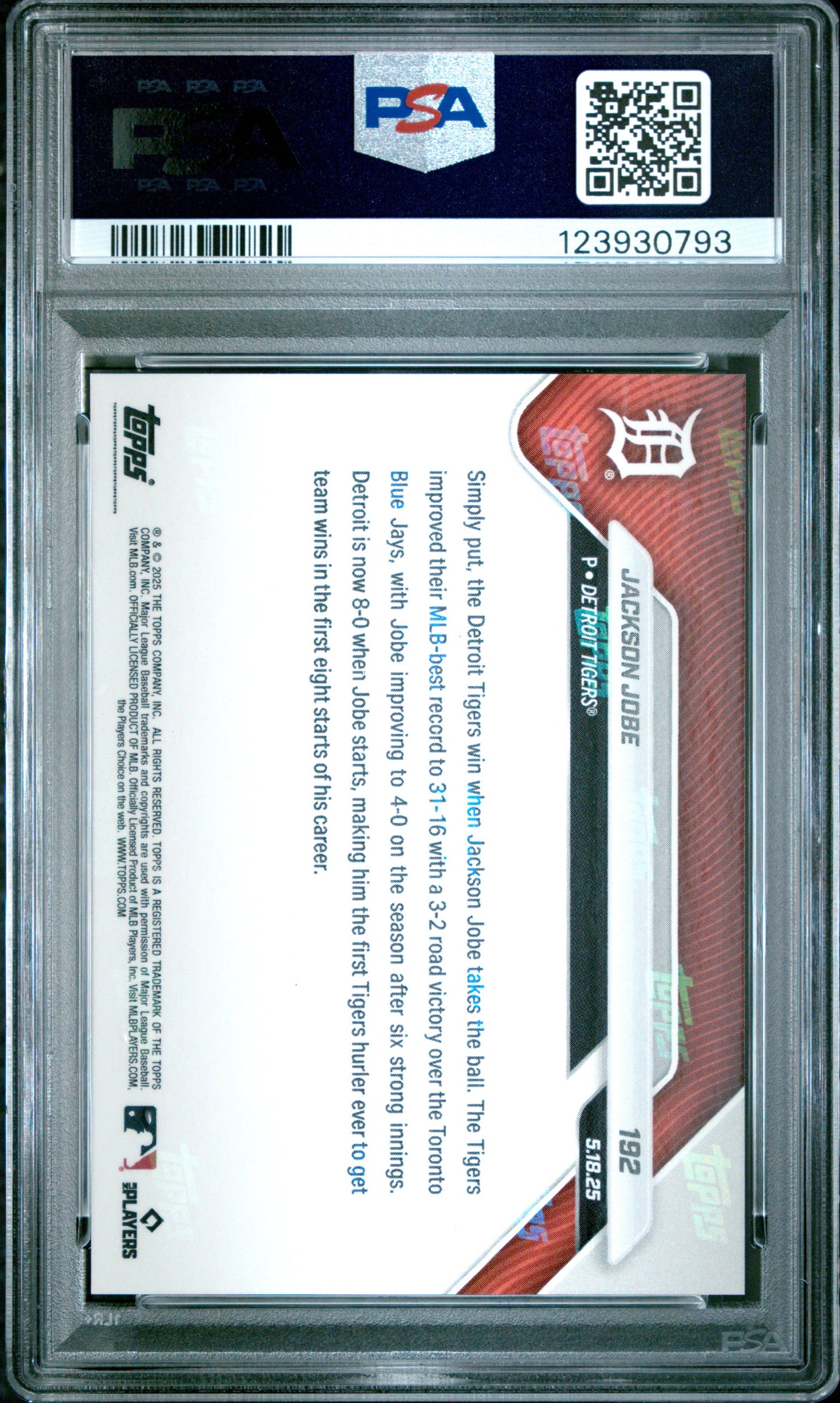 Graded 2025 Topps Now Jackson Jobe #192 Rookie RC Baseball Card PSA 9 Mint