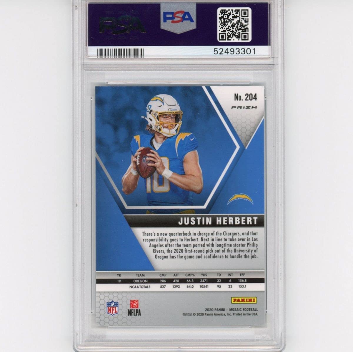 Graded 2020 Panini Mosaic Justin Herbert #204 Green Rookie RC Football Card PSA 9 Mint