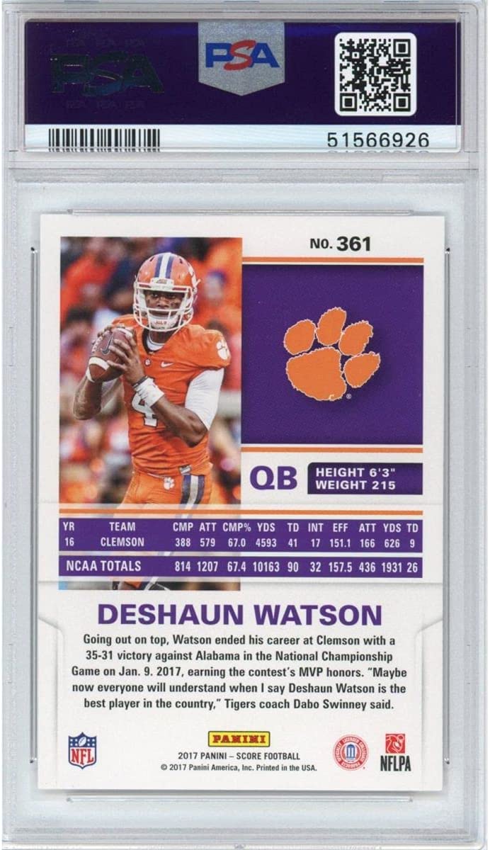Graded 2017 Panini Score Deshaun Watson #361 Rookie RC Football Card PSA 10 Gem Mint - Sport Cards