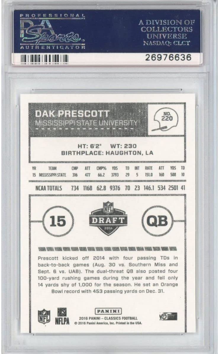 Graded 2016 Panini Classics Dak Prescott #220 Rookie RC Football Card PSA 10 Gem Mint