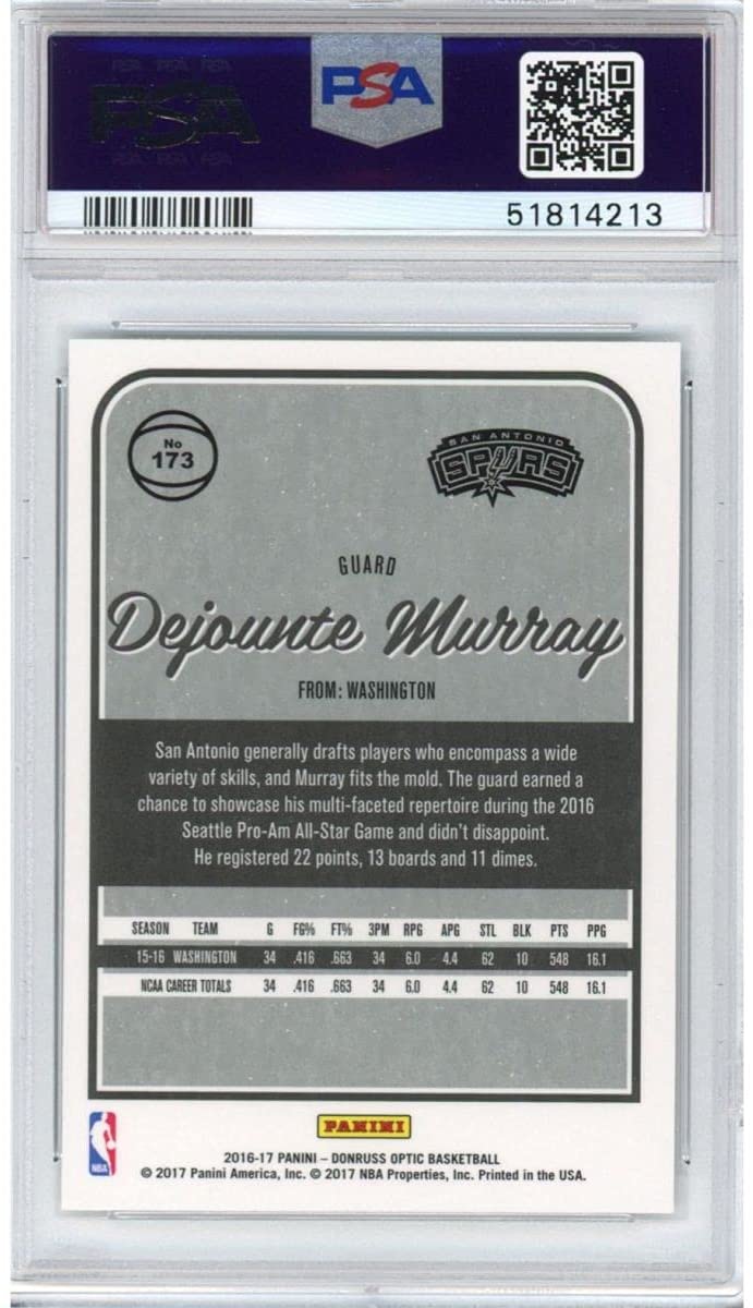 Graded 2016-17 Panini Donruss Optic Dejounte Murray #173 Rookie RC Basketball Card PSA 10 Gem Mint - Sport Cards