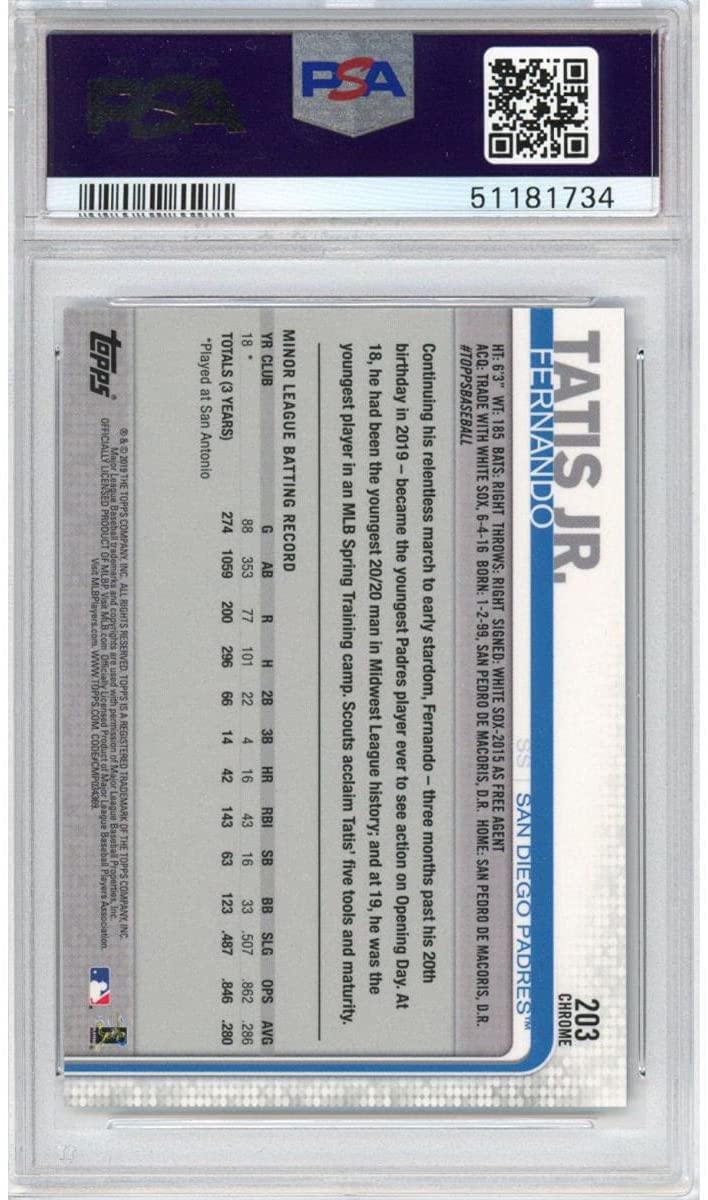 Graded 2019 Topps Chrome Fernando Tatis Jr. #203 Rookie RC Baseball Card PSA 10 Gem Mint - Sport Cards