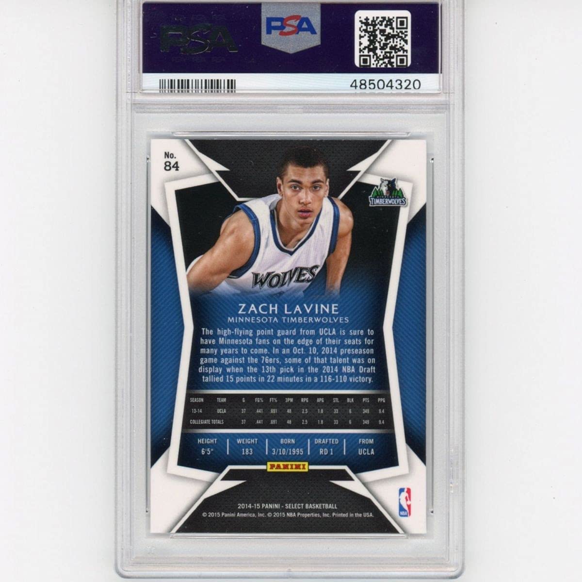 Graded 2014-15 Panini Select Zach LaVine #84 Rookie RC Basketball Card PSA 10 Gem Mint - Sport Cards