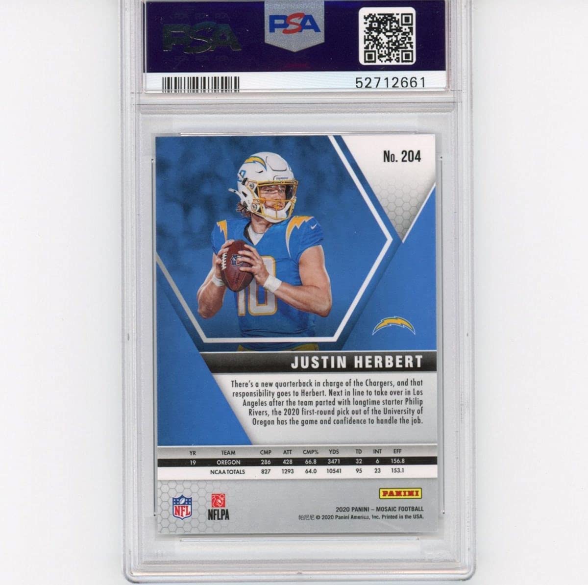 Graded 2020 Panini Mosaic Justin Herbert #204 Rookie RC Football Card PSA 9 Mint