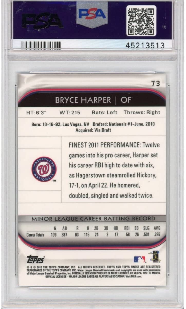 Graded 2012 Topps Finest Bryce Harper #73 Rookie RC Baseball Card PSA 10 Gem Mint
