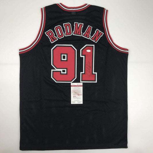Autographed/Signed Dennis Rodman Chicago Black Basketball Jersey JSA COA - Sport Cards
