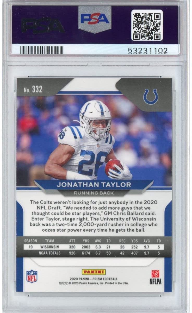 Graded 2020 Panini Prizm Jonathan Taylor #332 Rookie RC Football Card PSA 10 Gem Mint - Sport Cards