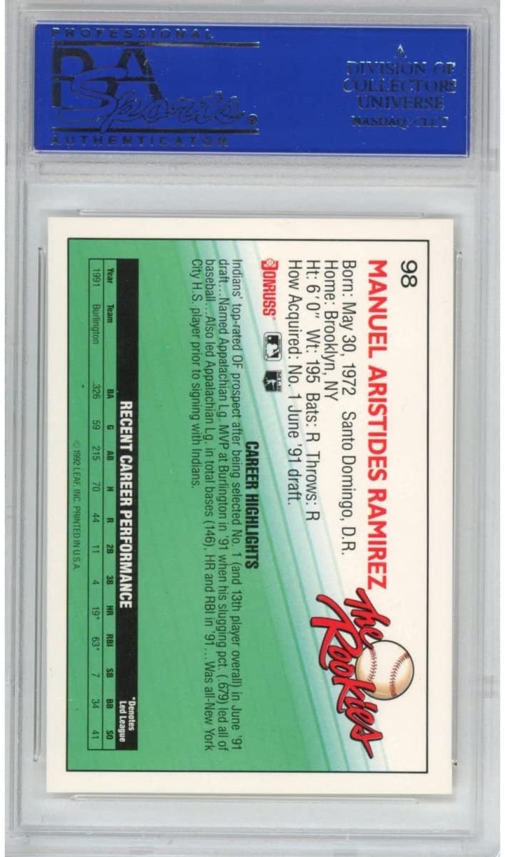 Graded 1992 Donruss Manny Ramirez #98 Rookie RC Baseball Card PSA 10 Gem Mint