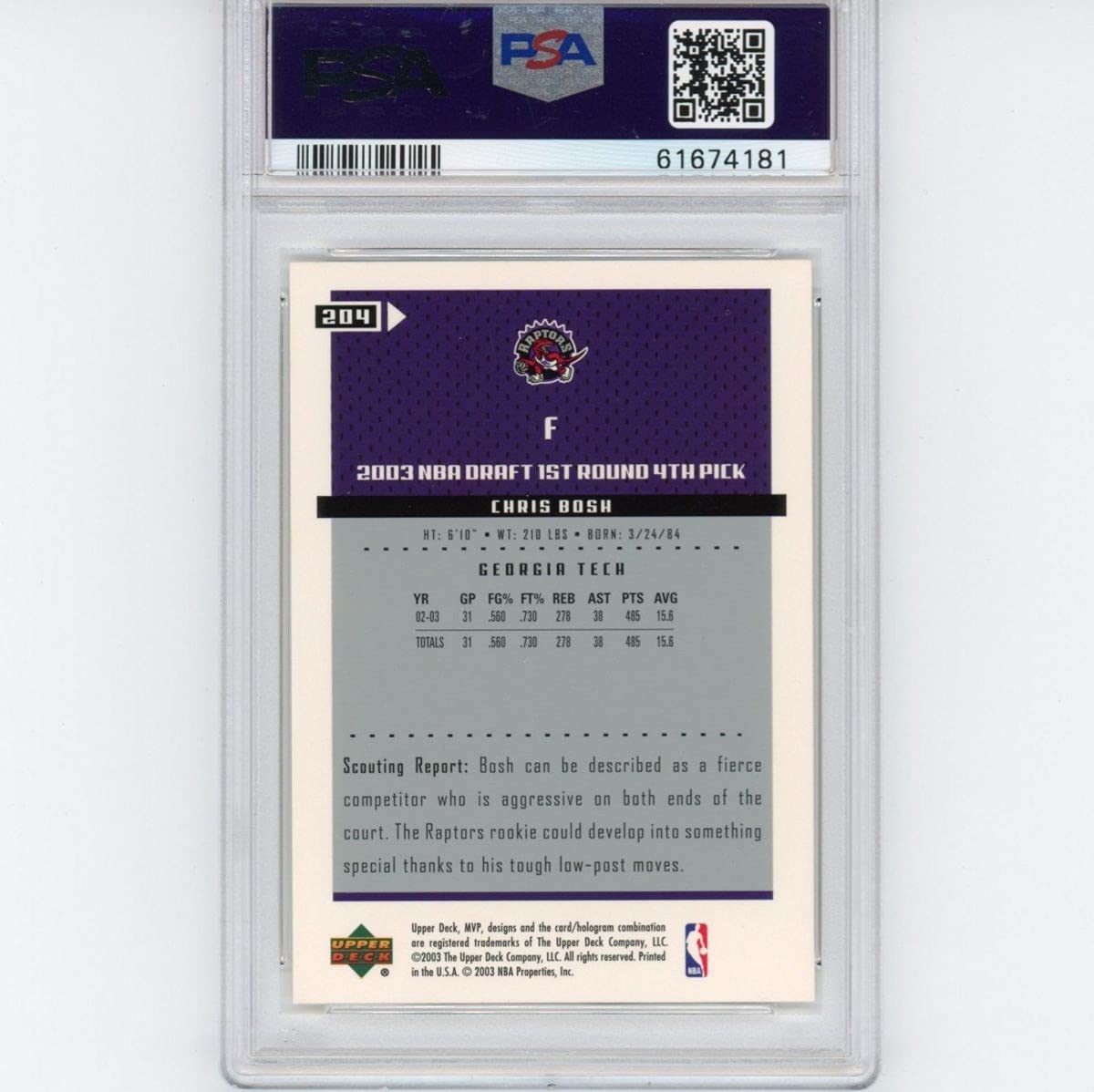 Graded 2003-04 Upper Deck UD MVP Chris Bosh #204 Rookie RC Basketball Card PSA 10 Gem Mint