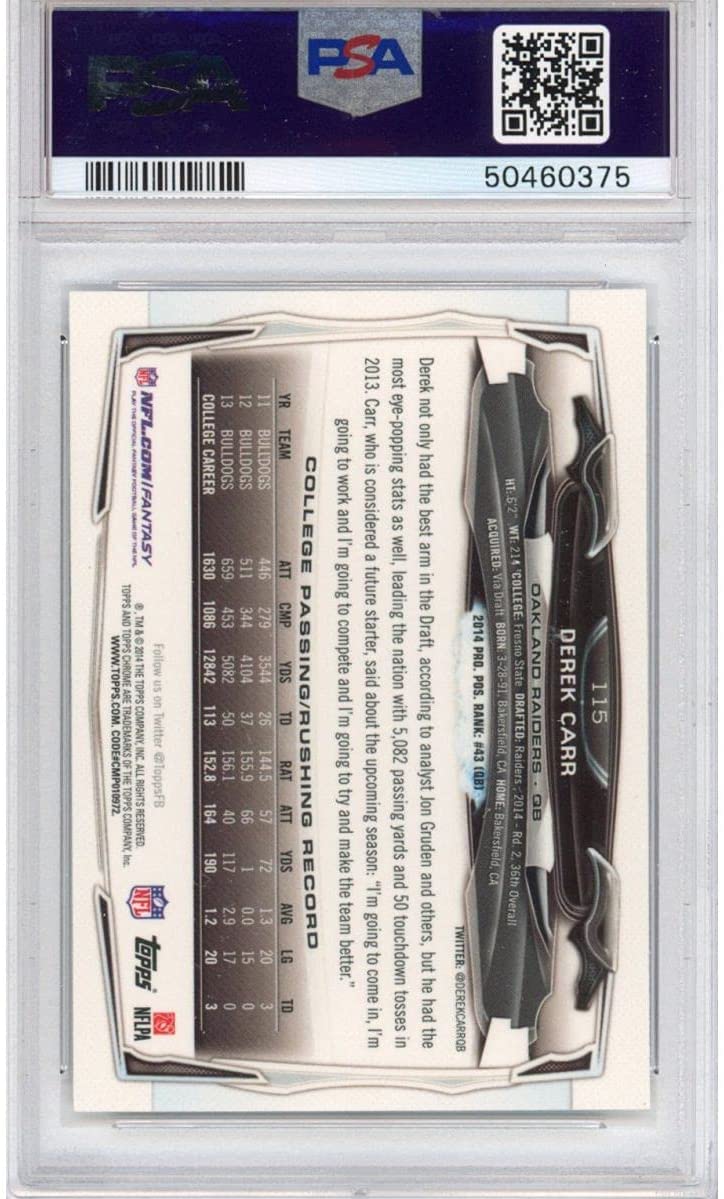 Graded 2014 Topps Chrome Derek Carr #115 With Ball Rookie RC Football Card PSA 10 Gem Mint - Sport Cards