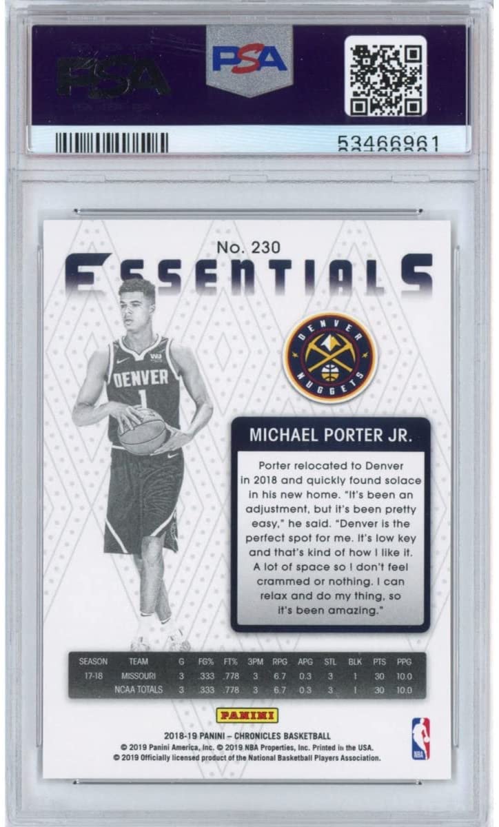 Graded 2018-19 Panini Chronicles Michael Porter Jr. #230 Rookie RC Basketball Card PSA 10 Gem Mint - Sport Cards