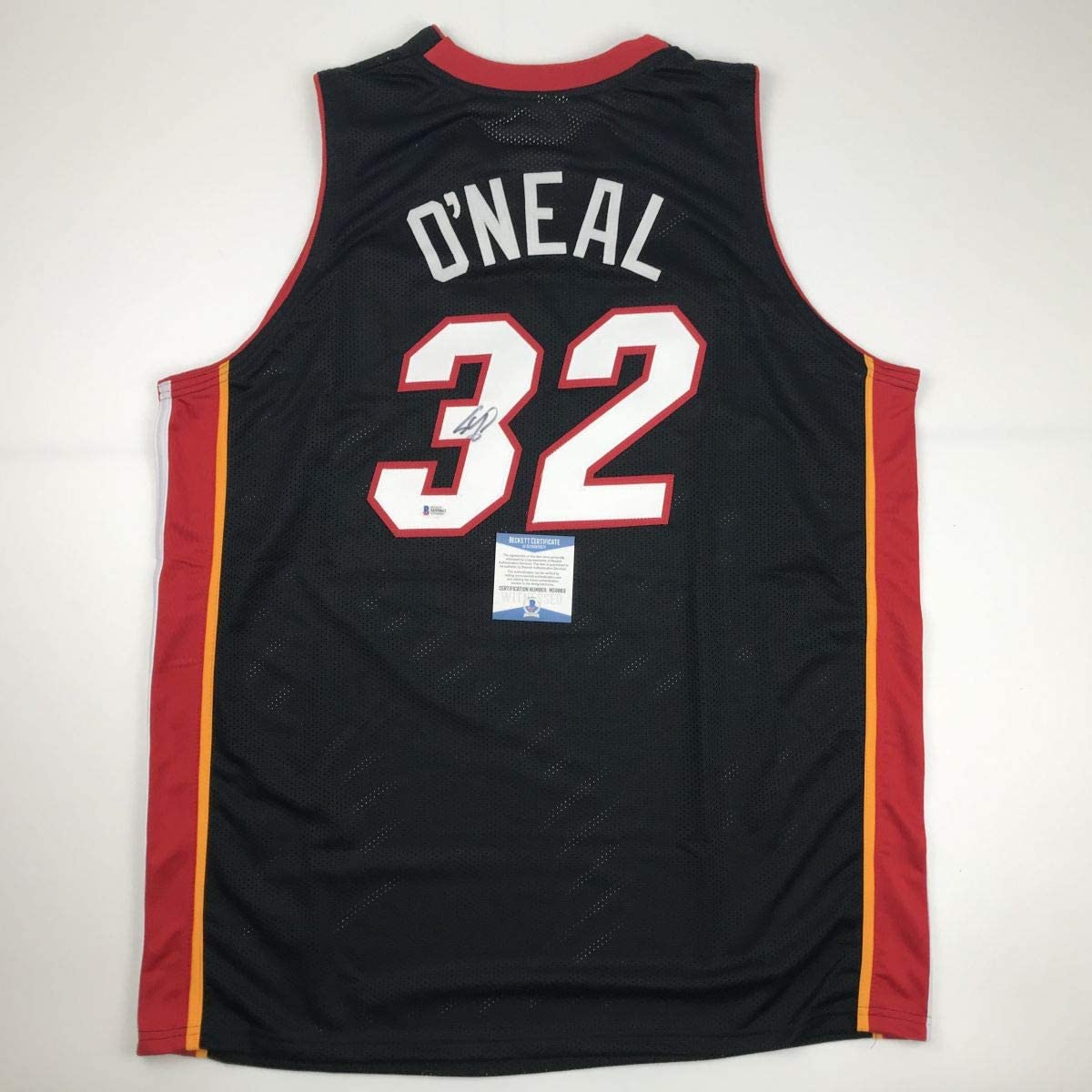 Autographed/Signed Shaquille Shaq O'Neal Miami Black Basketball Jersey Beckett BAS COA - Sport Cards