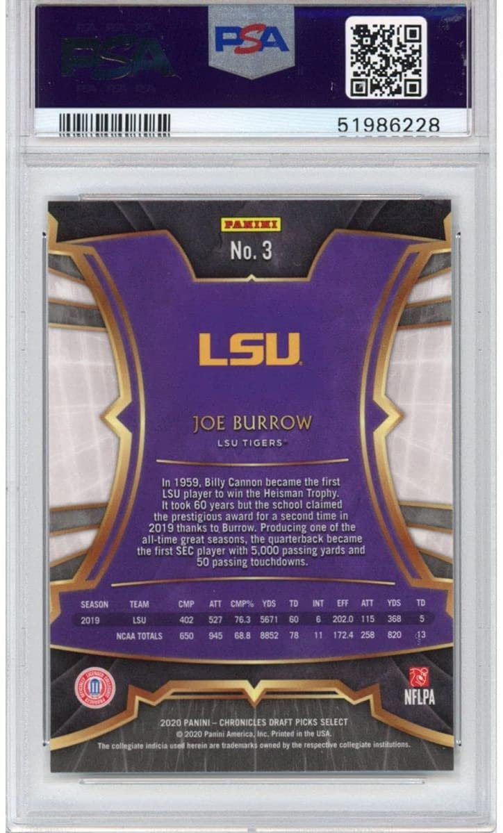 Graded 2020 Panini Chronicles Draft Picks Joe Burrow #3 Select Rookie RC Football Card PSA 10 Gem Mint