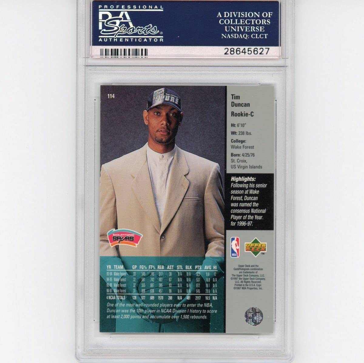 Graded 1997-98 Upper Deck UD Tim Duncan #114 Rookie RC Basketball Card PSA 10 Gem Mint