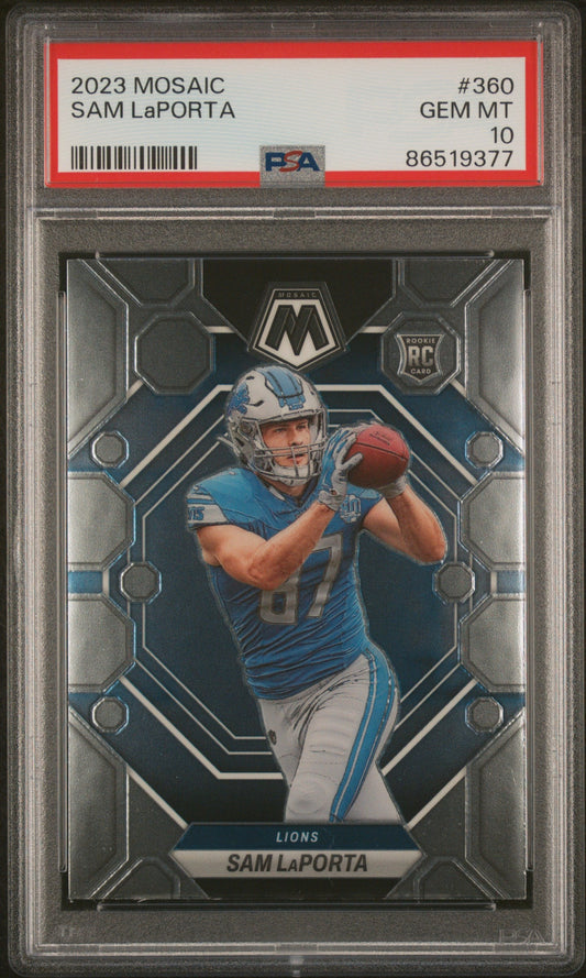 Graded 2023 Panini Mosaic Sam LaPorta #360 Rookie RC Football Card PSA 10 Gem Mint - Sport Cards
