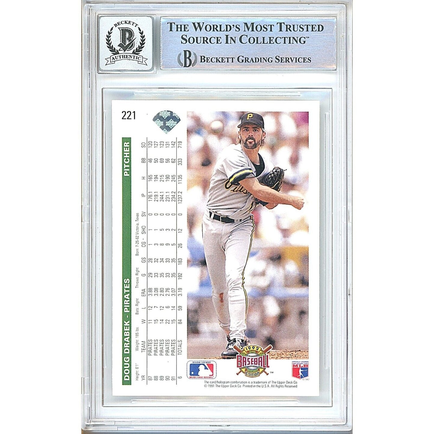 1992 Upper Deck #221 — Doug Drabek Pittsburgh Pirates Autographed Trading Card — Beckett Authentication
