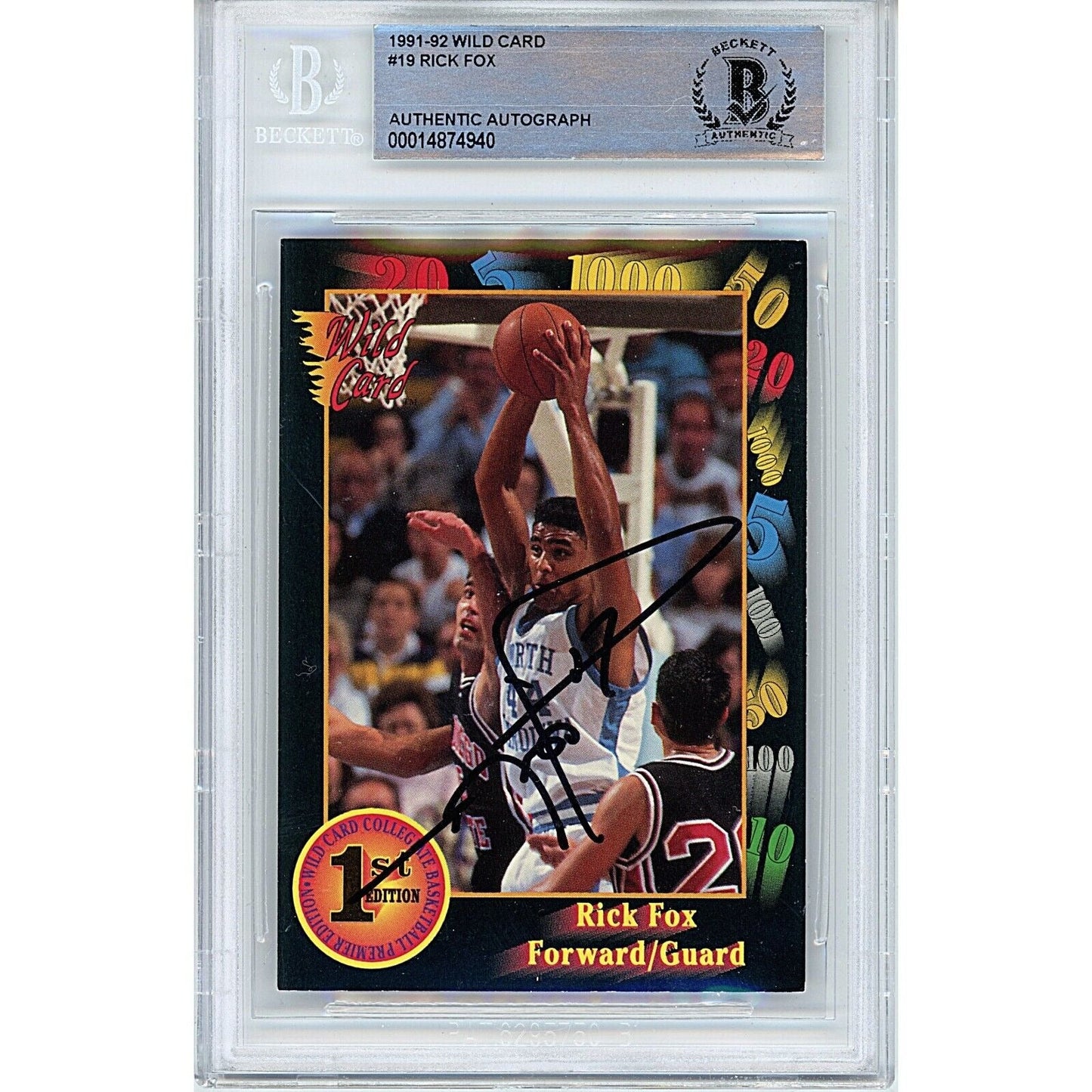 Rick Fox UNC Tar Heels Signed 1991-92 Wildcard Basketball Card Beckett Authentic Auto Slab