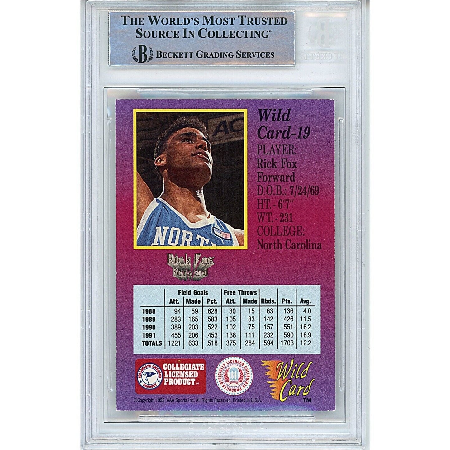 Rick Fox UNC Tar Heels Signed 1991-92 Wildcard Basketball Card Beckett Authentic Auto Slab